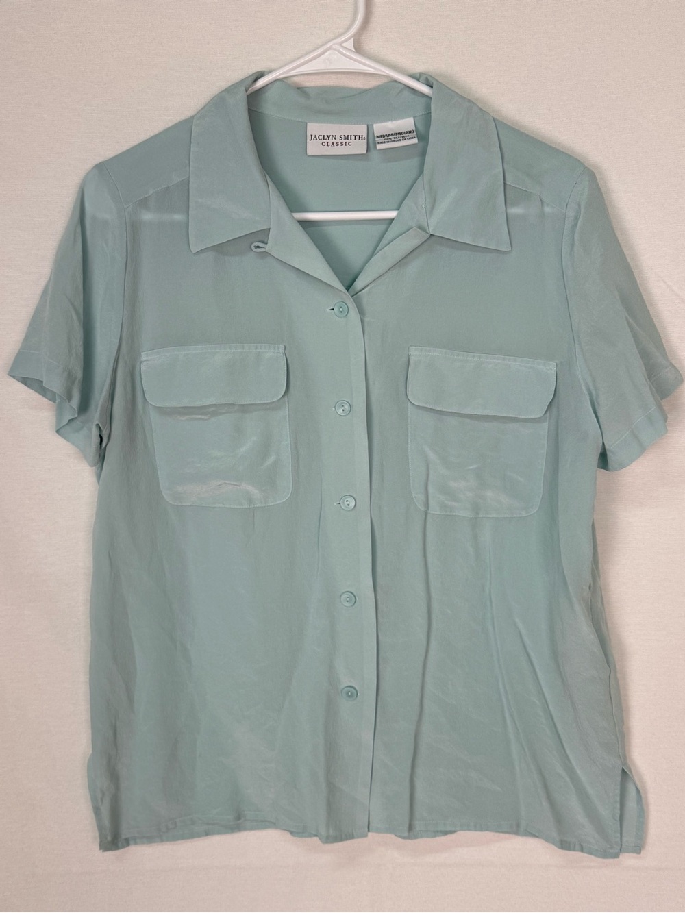 Jaclyn Smith Silk Mint Green Short-Sleeve Button Front Blouse